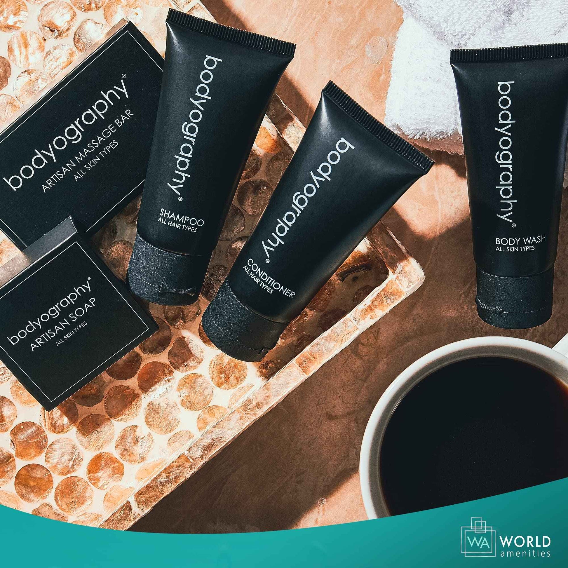 World Amenities - Bodyography - Bulk Body Wash | 50 Count, 1.4oz | Lavender Peppermint, Mini Travel Size Toiletries (100% Recyclable Tube with Flip Top Cap) Hotel Amenities.