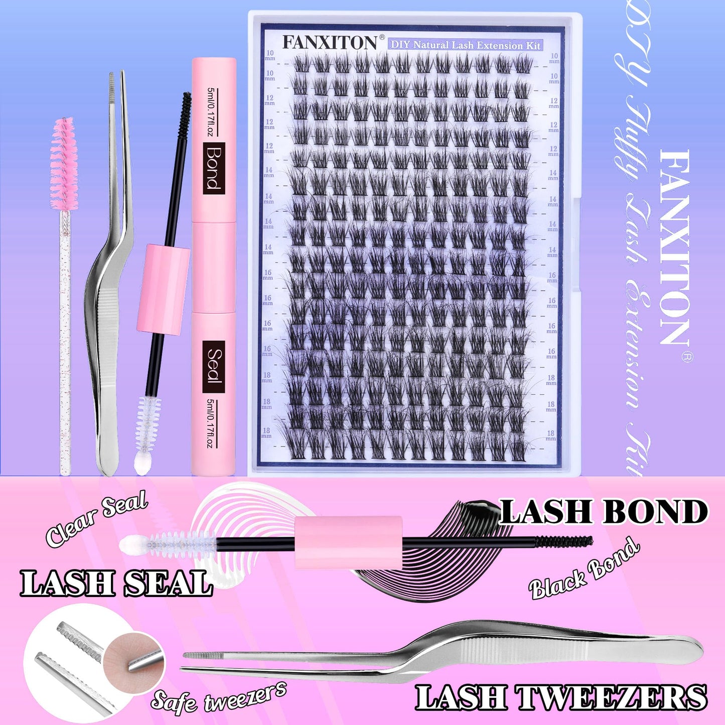 FANXITON Natural Lash Extension Kit Fluffy D Curl Lash Clusters 288pcs 10-18mm Mix DIY Eyelash Extension Kit with Lash Bond and Seal Lash Tweezers Individual Lashes For Beginners