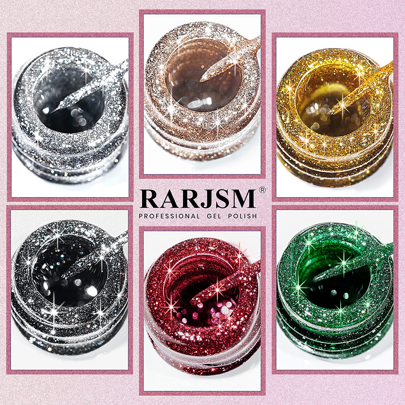 RARJSM Metallic Painting Gel Nail Polish Set,Black Silver Gold Green Pink Black Glitter Platinum Effect Drawing Gel Polish 6 Pieces,Curing Reqired Nail Art Design Dotting Gel Liner Brush Pen Tool 8ml