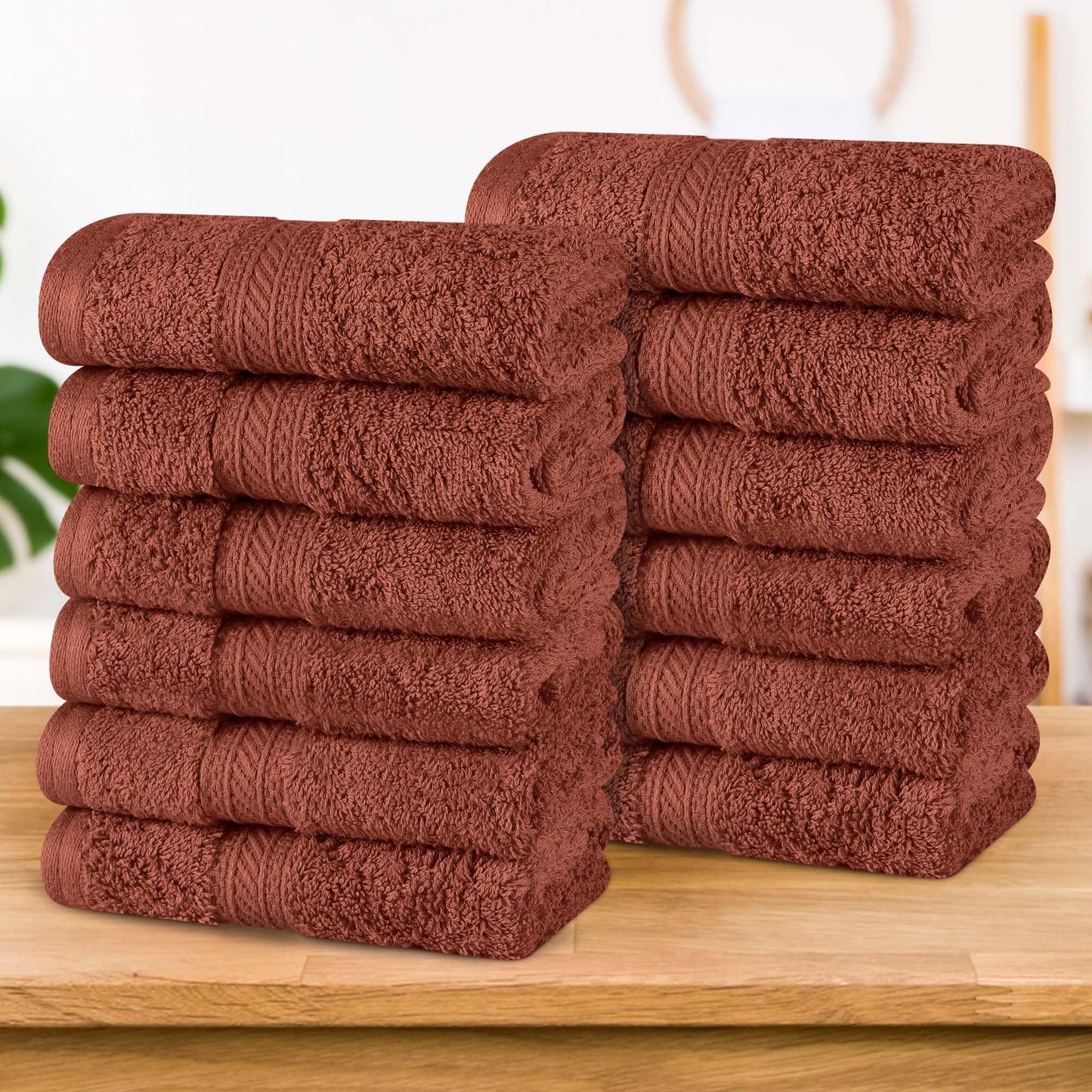 Superior Cotton Face Towels/Washcloth Set of 12, Home Essentials, Quick Dry, Luxury Bathroom Accessories, Basic Towels, Spa, Salon, Hotel, Resort, Thick, Ultra-Plush, Highly Absorbent, Hot Chocolate