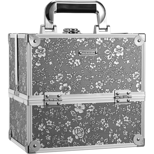 FRENESSA Makeup Train Case Portable Cosmetic Box Organizer Storage 4 Trays Aluminum Makeup Box with Divider Lockable Craft Train Case for Makeup Artist, Crafter, Makeup Tools Silver Floral