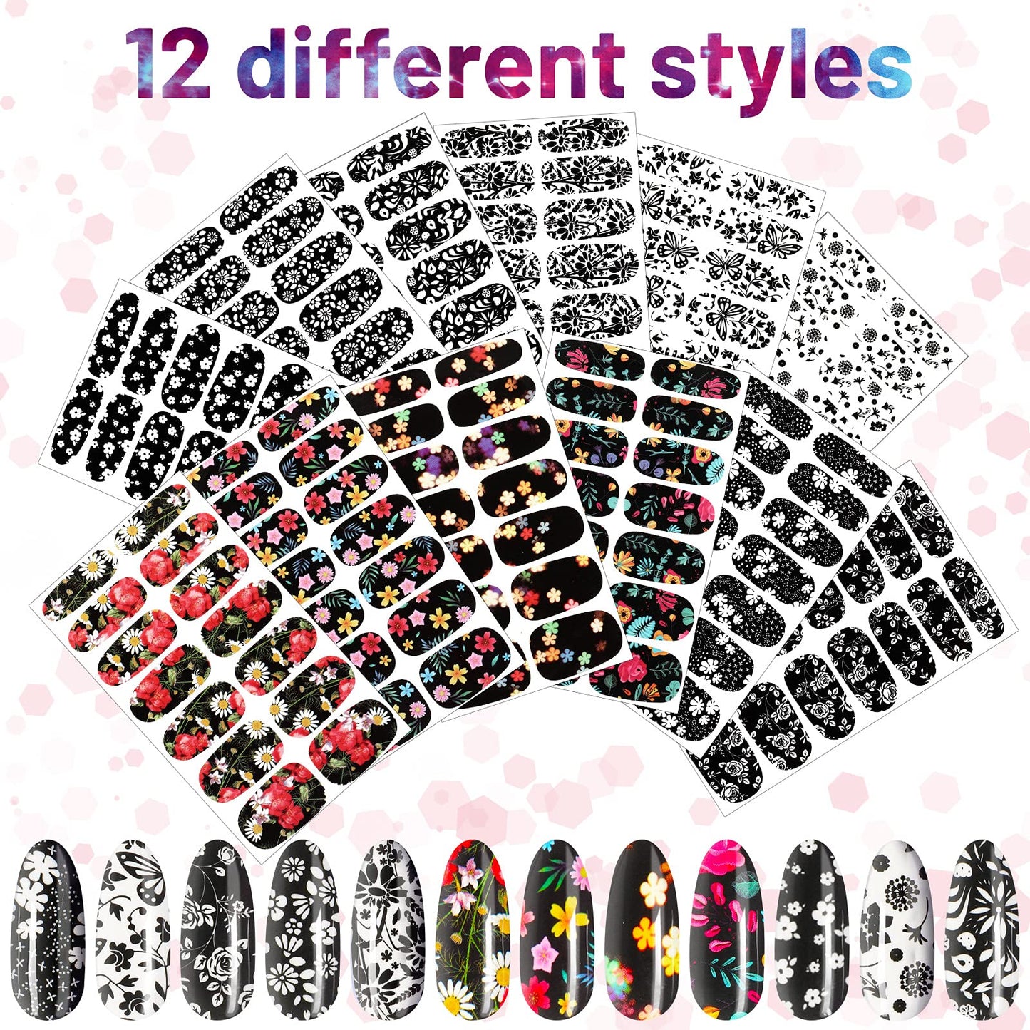 168 Pieces 12 Sheets Full Wraps Nail Polish Stickers Flower Print Self-Adhesive Nail Art Decal Strips Manicure Kits Colorful Flower Full Cover Nail Decal Strips with Nail File (Classic Style)