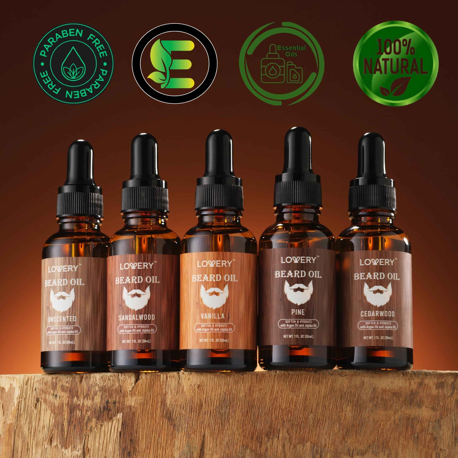 LOVERY (5 Pack Beard Oil for Men, Natural Mens Beard Oil Kit Variety Set - Sandalwood, Vanilla, Cedarwood, Pine, Unscented, W Argan & Jojoba Oil, Mens Beard Softener Grooming Gifts for Him