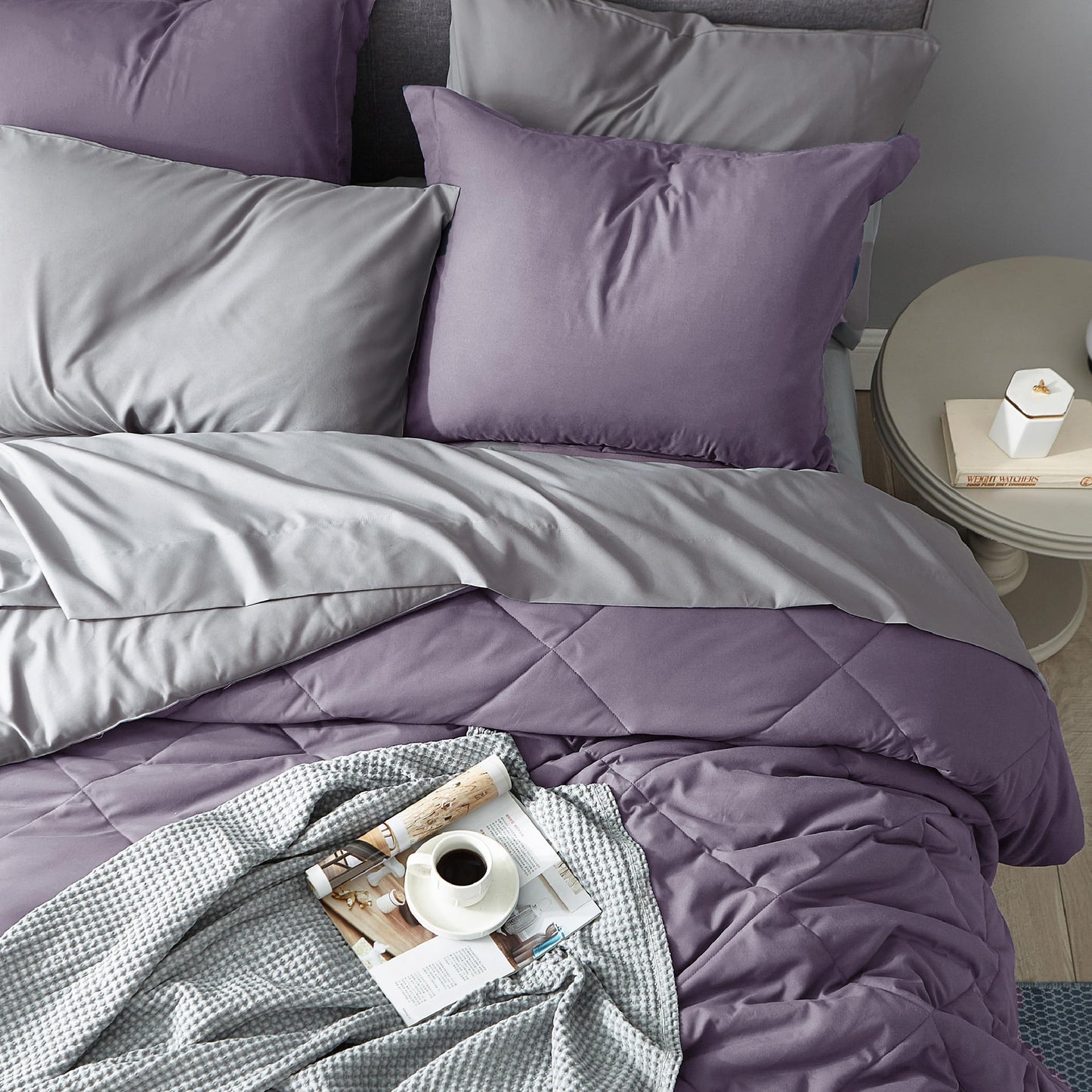 Bedsure Grayish Purple Twin Comforter Set - 5 Pieces Reversible Twin Bed in a Bag, Extra Long Twin Bed Set Grayish Purple and Grey with Comforters, Sheets, Pillowcase & Sham