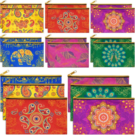 SilTriangle 12 Pcs Diwali Gifts Bulk, Indian Return Gifts for Pooja, Multicolor Canvas Makeup Bags with Golden Zipper, Travel Cosmetic Pouches with Classic Indian Motifs, Wedding Gift for Women