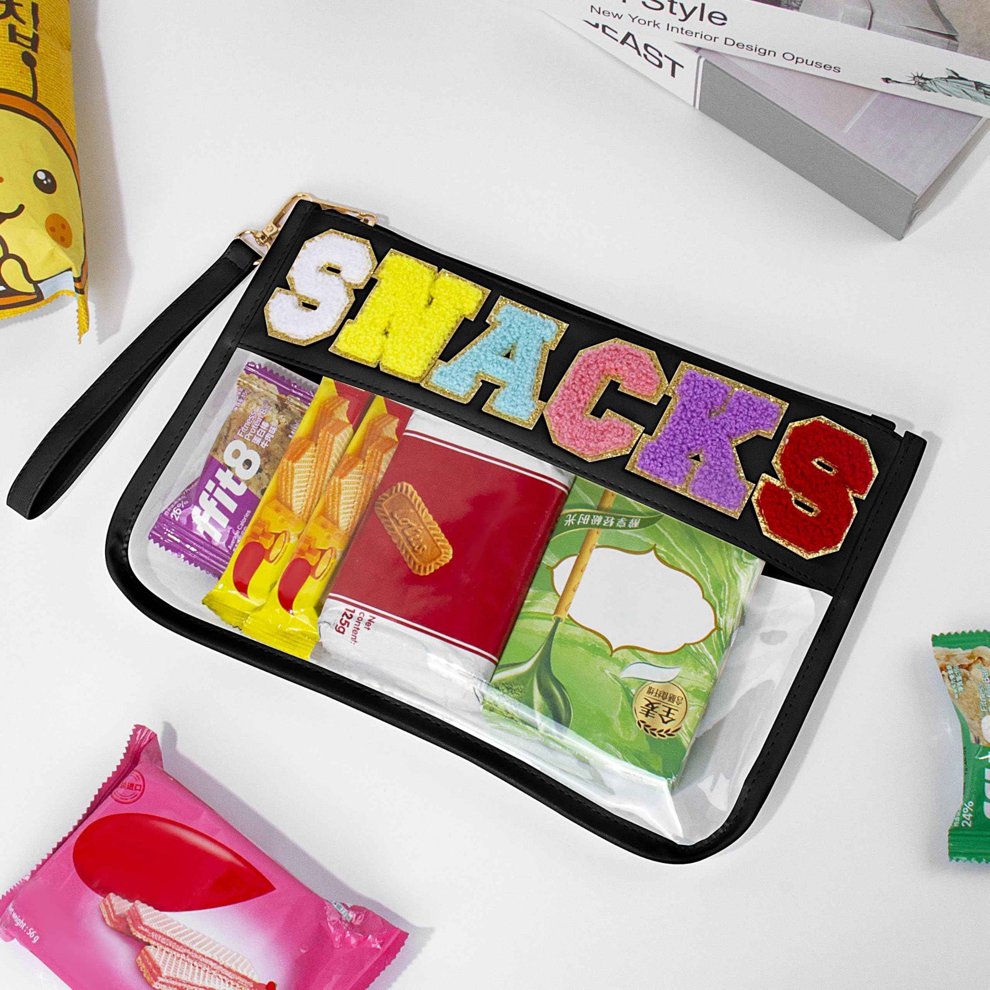 WOPIPAL Snack Bag for Travel & Makeup - Clear Chenille Letter Zipper Pouch, Waterproof Cosmetic Tote Bag for Women & Girls (Black)