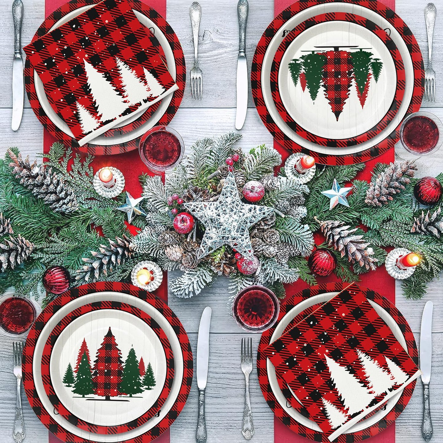 Homlouue 200 Pcs Christmas Paper Plates and Napkins, Christmas Tree Red and White Plates and Napkins Disposable, Christmas Dinner Plates and Napkins Serve 50 Guest, Christmas Party Table Decorations