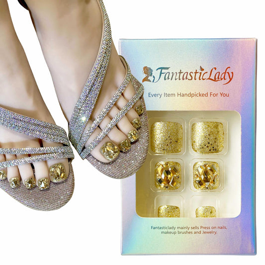 Fantasticlady Fake Toenails Mirror Square Short Toe Press on Nails, Golden Rhinestones Toe Nails, Solid Color, Glitter Press on Toenails,Dazzling Design,Summer,Acrylic nails for Women(24 pcs)