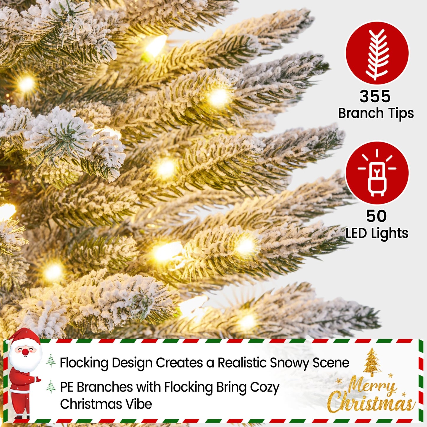 Yaheetech 3FT Pre-lit Potted Flocked Christmas Tree, Snow Frosted Mini Tabletop Artificial Christmas Tree with 50 Warm White LED Lights and 355 PE Branch Tips for Holiday Decoration