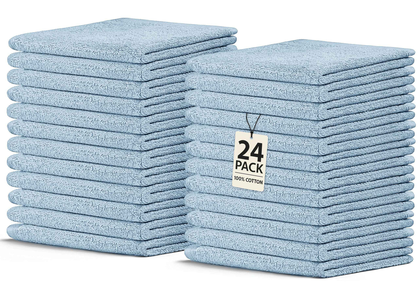Crystal Ridge Cotton Wash Cloths 24 Pack - Washcloths for Showering, Face and Body, Soft and Highly Absorbent Multipurpose Towels for Bathroom, Kitchen, Spa and Gym - Wash Rags 12 x12 (Lt Blue)
