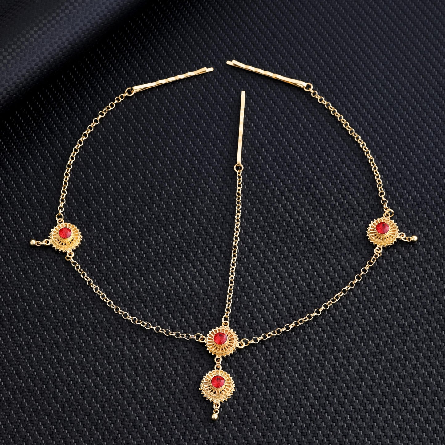 WUZETIAN Exquisite Bohemian 24K Alluvial Gold Women Jewelry Headpieces: Intricate Hollow Treasures (red)