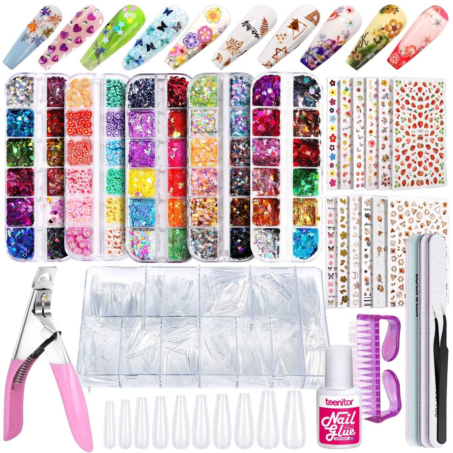 Teenitor Clear Fake Coffin Nail Tips and Nail Art Decoration Kit, 600Pcs Clear Nail Tips and 5 Boxes Holographic Nail Art Glitter Sequins and 12 Sheets Nail Art Stickers for Press On Nails