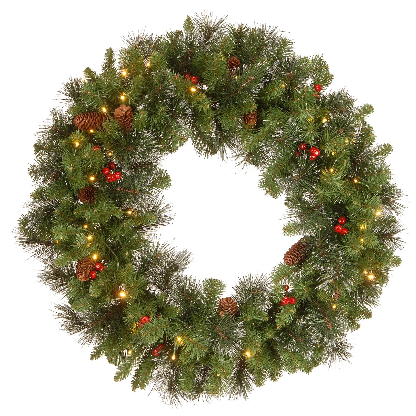 National Tree Company Pre-Lit Artificial Christmas Wreath, Green, Crestwood Spruce, White Lights, Decorated with Pine Cones, Berry Clusters, Frosted Branches, Christmas Collection, 30 Inches