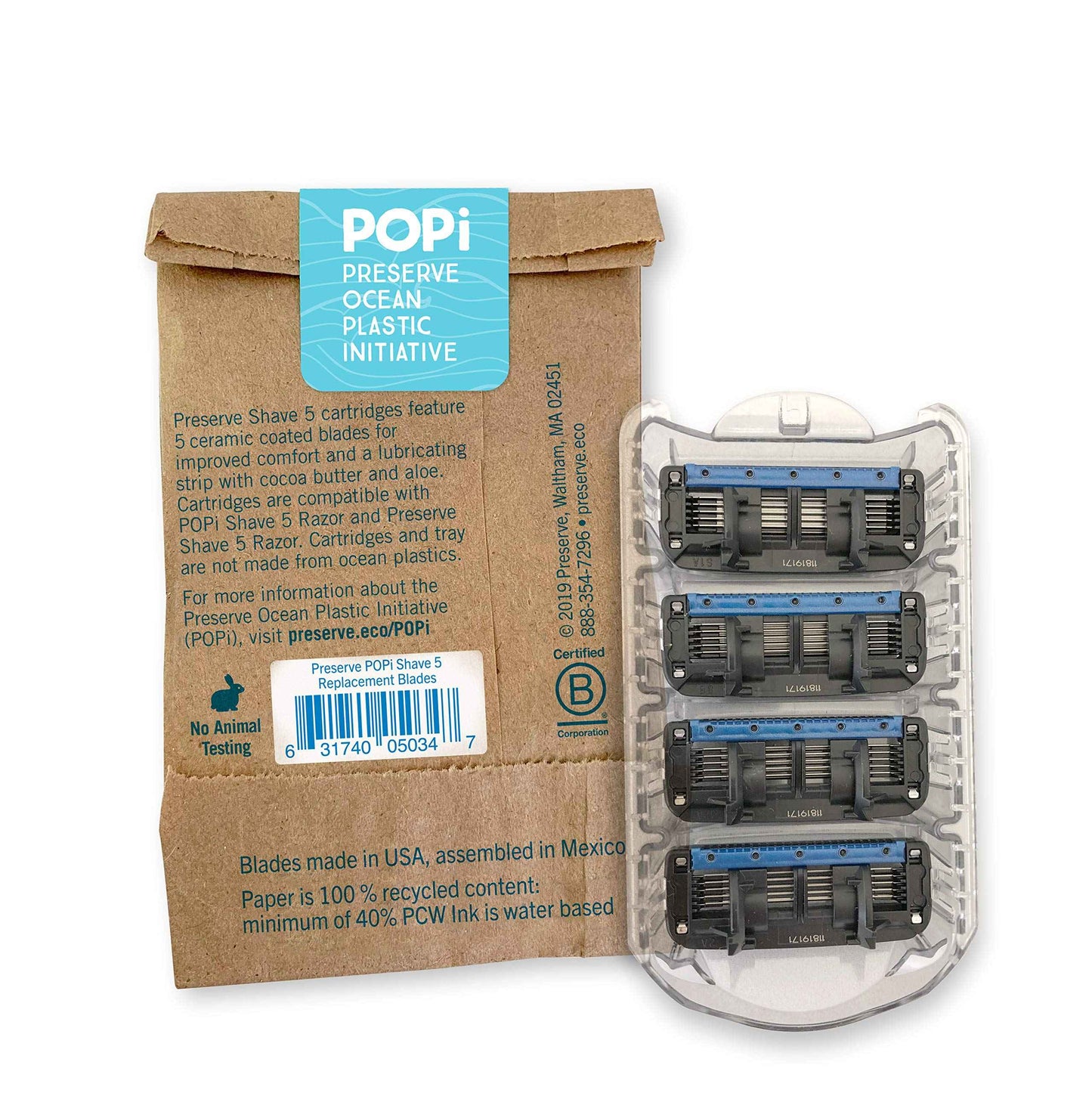 Preserve Ocean Plastic Initiative (POPi) Kit: POPi Shave 5 Razor System, POPi Replacement Cartridges (4ct) and POPi Toothbrush (Soft, 1ct), Made in USA from Recycled Ocean Plastic, Coral Pink Bundle