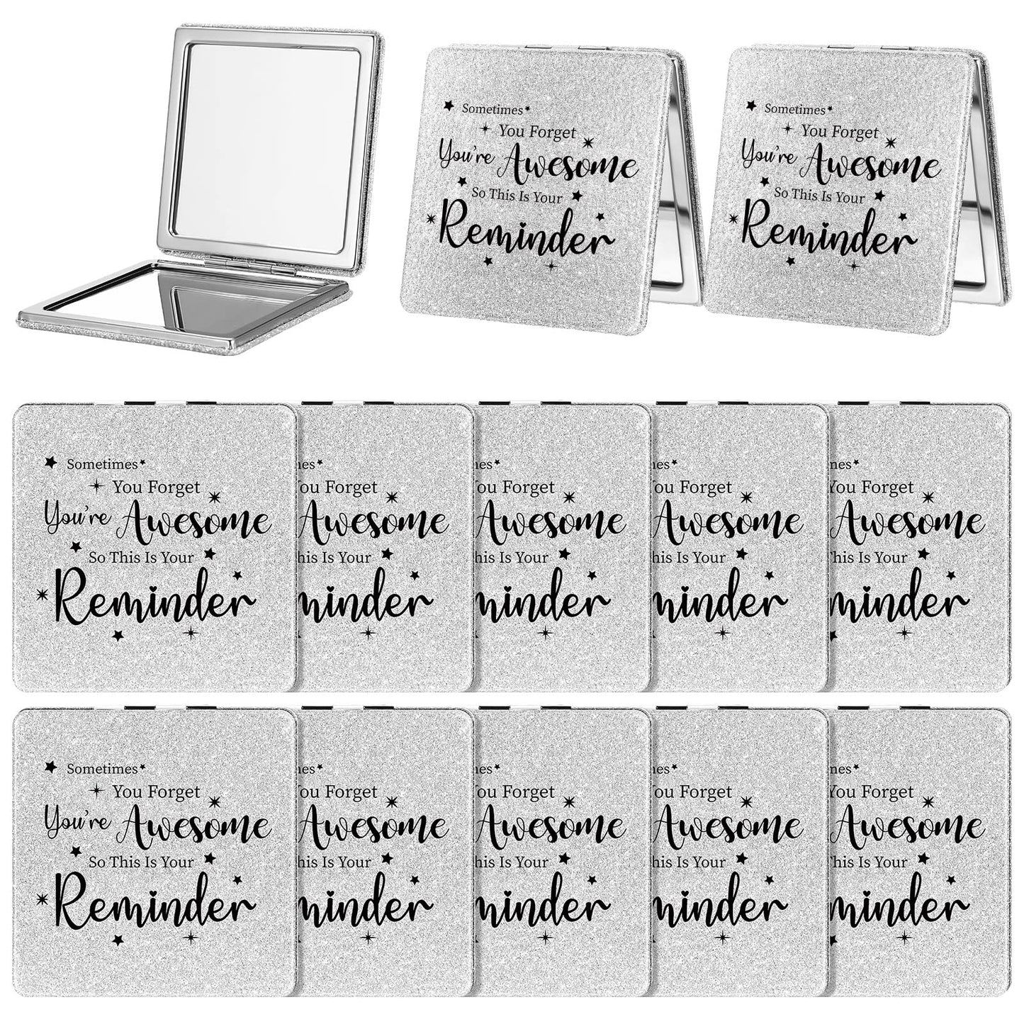 Qunclay 12 Pcs Inspirational Compact Mirrors Bulk Appreciation Purse Mirrors Portable Square Pocket Mirrors Thank You Gifts for Women Employee Teachers(Reminder,Glitter Silver)