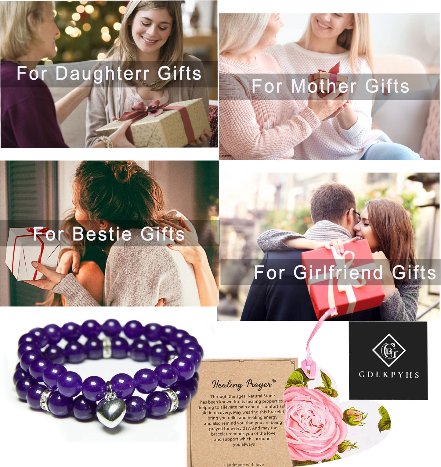 Healing Bracelets for Women - Amethyst Bracelet - Healing Prayers Crystal Bracelet, 8mm Natural Stone Anti Anxiety Stress Relief Yoga Beads Get Well Soon Gifts