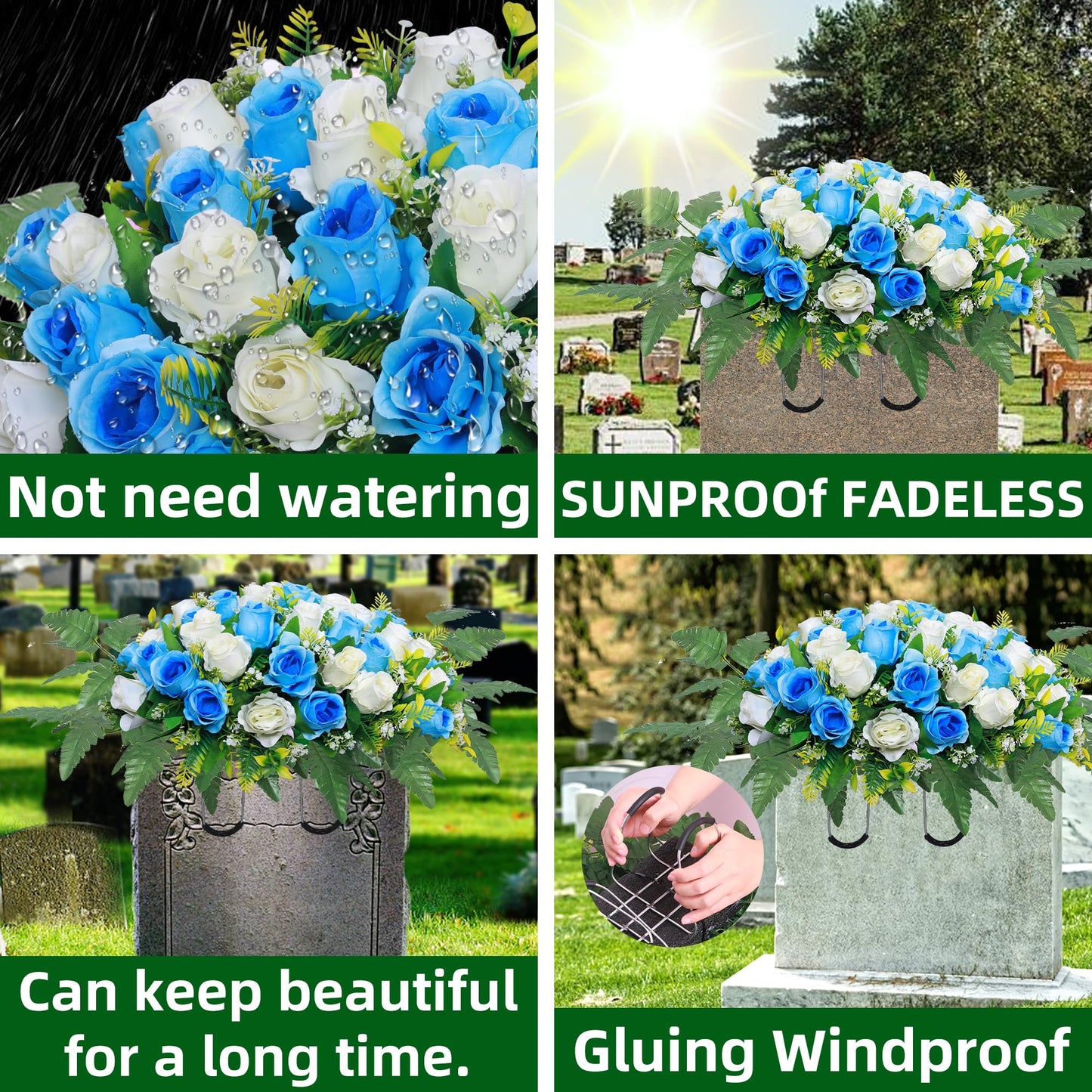 Lodou Artificial Cemetery Flower Saddles, Rose Headstone Flower Saddle Outdoor Grave Decorations,Cemetery Memorial Flowers with Vase for Grave Tombstone Decorations (Blue with White, Saddle)