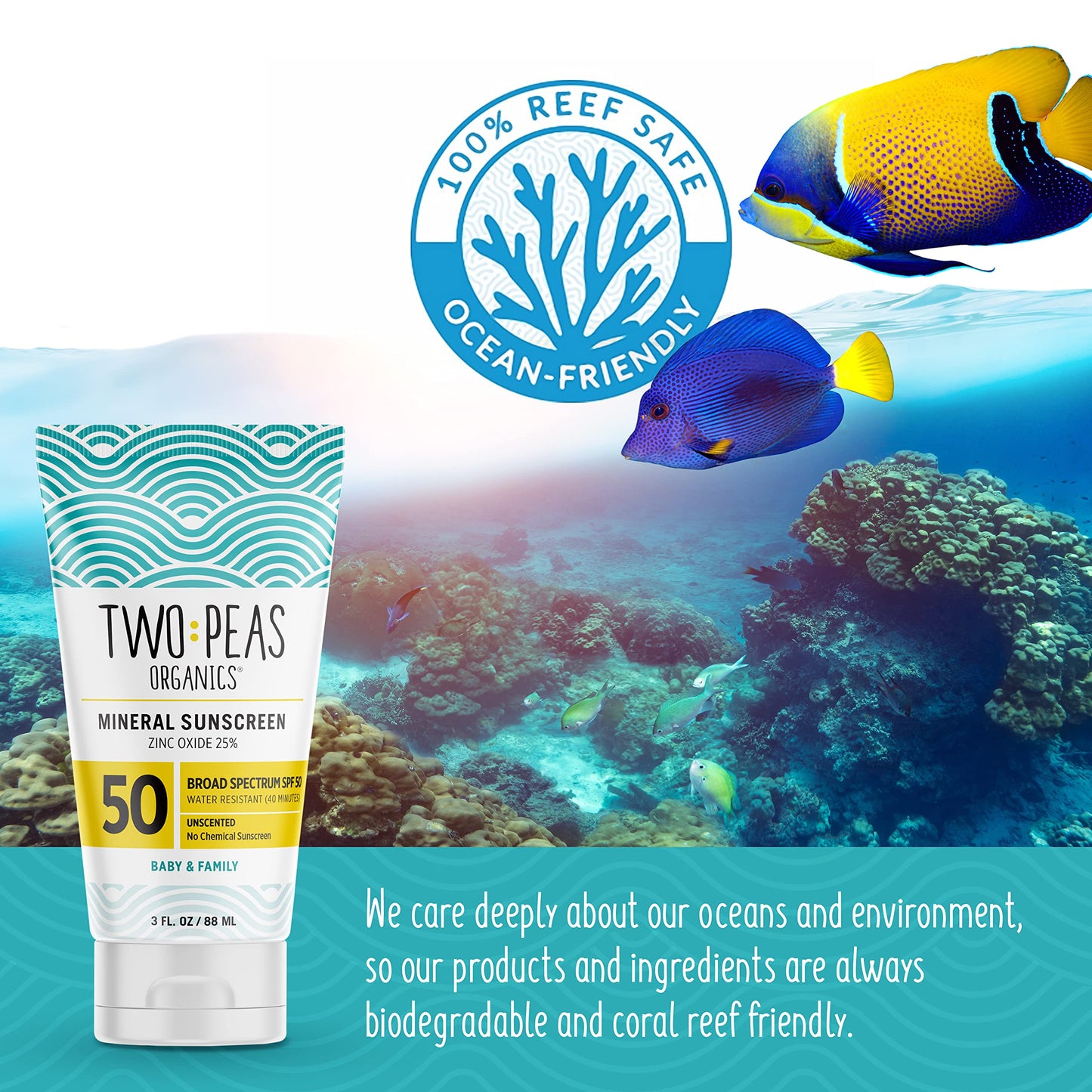 Two Peas Organics - All Natural Organic SPF 50 Sunscreen Lotion - Coral Reef Safe - Baby, Kid & Family Friendly - Chemical Free Mineral Based Formula - Waterproof & Unscented – 3oz