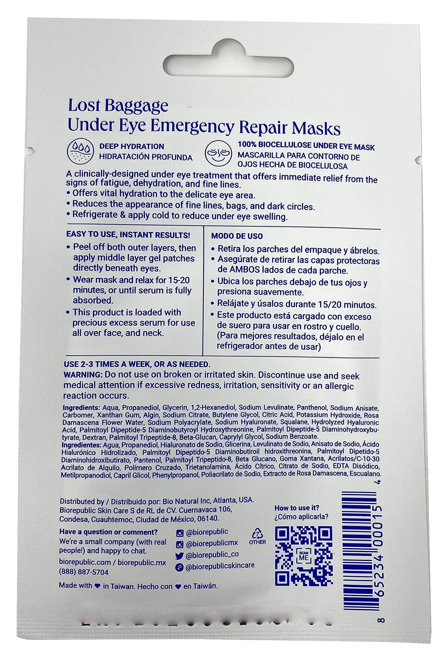 BioRepublic Skin Care Lost Baggage Biocellulose Under-Eye Emergency Repair Masks with Revitalizing Serum, for All Skin Types - 1 Pair, Pack of 6