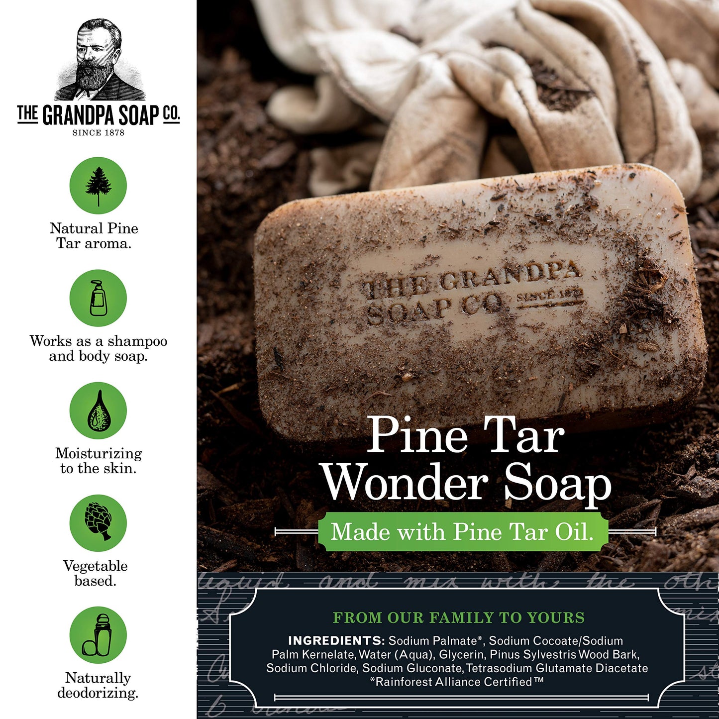 Grandpa's Pine Tar Bar Soap by The Soap Company | The Original Wonder Soap | 3-in-1 Cleanser, Deodorizer & Moisturizer | 4.25 Oz. Each, 5 Pack