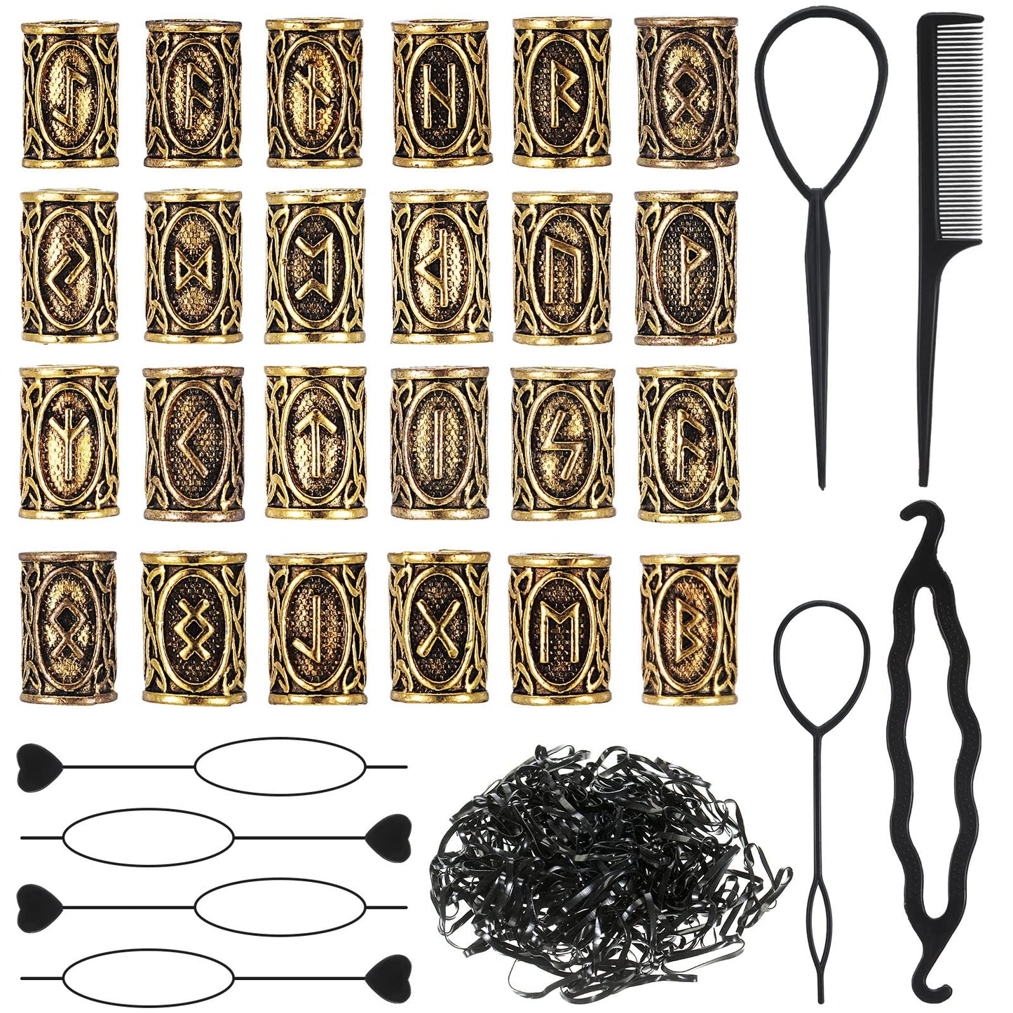 24 Piece Norse Vikings Runes Hair Beard Beads for Bracelets Necklace Accessories DIY Includes 7 Pieces Pull Hair Pin Quick Beader Hair Tool and Black Rubber Bands for Women Men (Gold)