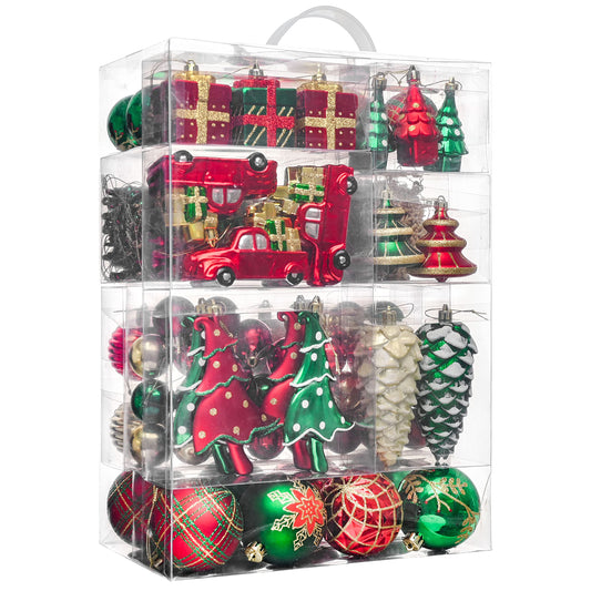 Valery Madelyn Christmas Tree Ornaments Set, 155ct Red Green and Gold Shatterproof Christmas Tree Decorations Bulk, Traditional Country Hanging Ball Ornaments for Xmas Trees Holiday Decor