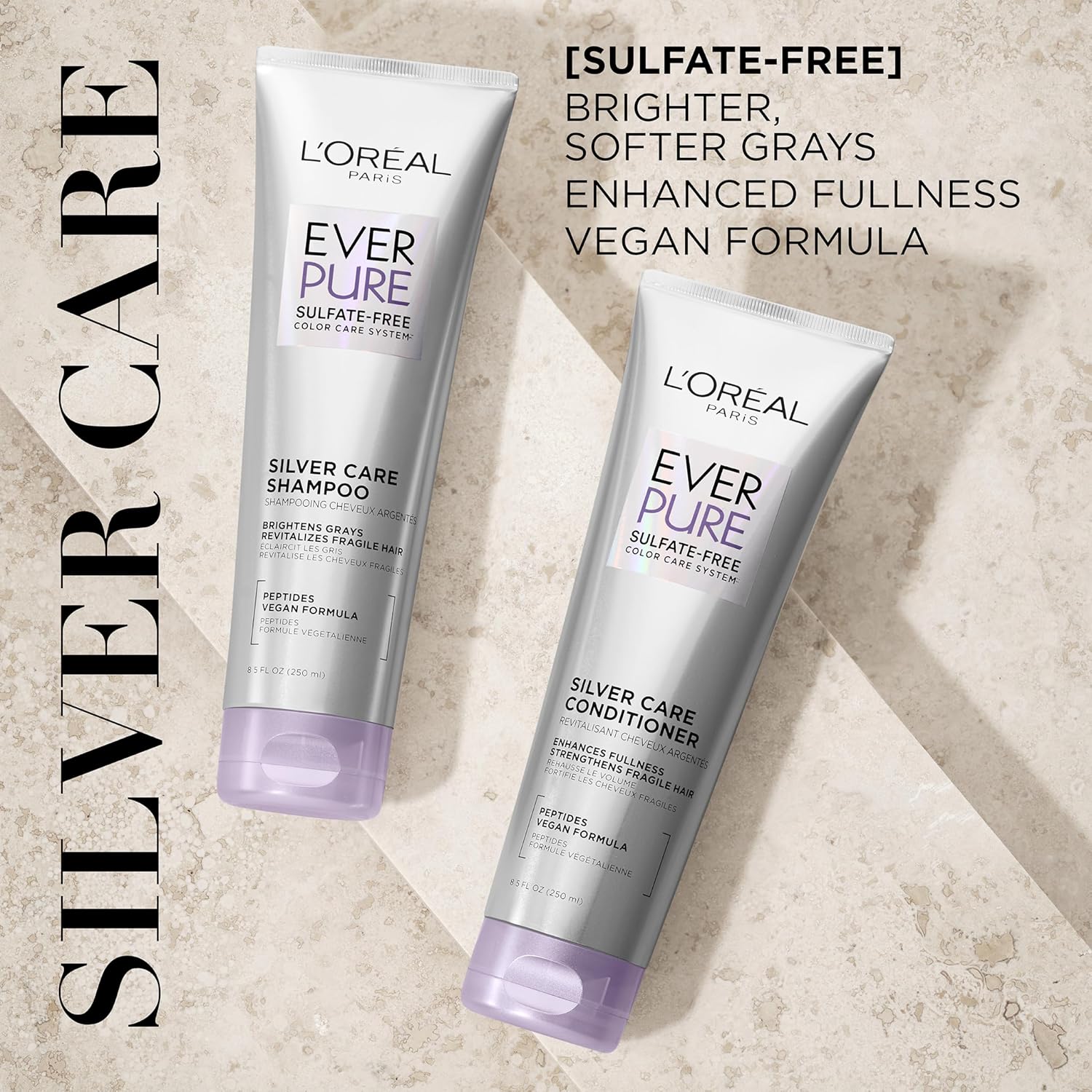 L'Oreal Paris EverPure Silver Care Sulfate Free Conditioner, Brightening and Nourishing Hair Care for Gray and Silver Hair, Vegan Formula with Peptides, 8.5 Fl Oz