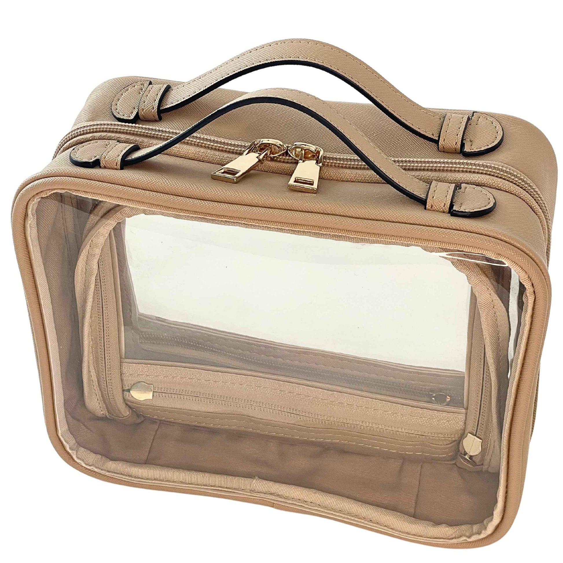JAZD Clear Makeup Bag Toiletry Bag for Women Cosmetic Case Large Capacity Travel Make Up Bag Organizer Transparent Storage Compartment TSA Approved (BEIGE)