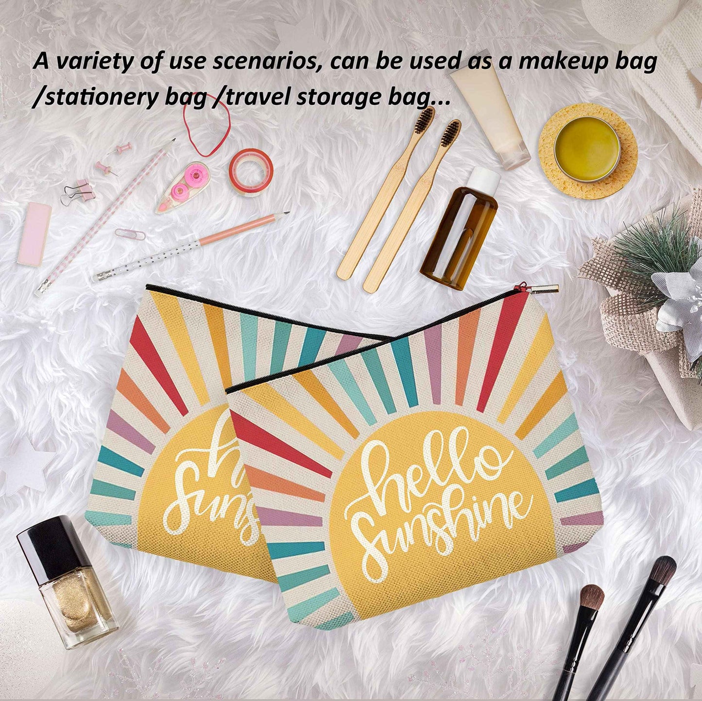 OHSUL Hello Sunshine Inspirational Makeup Bag,Boho Sun Colorful Sunshine Ray Cosmetic Bag Travel Pouch,Boho Travel Makeup Bag,Gifts for Boho Lovers Girls