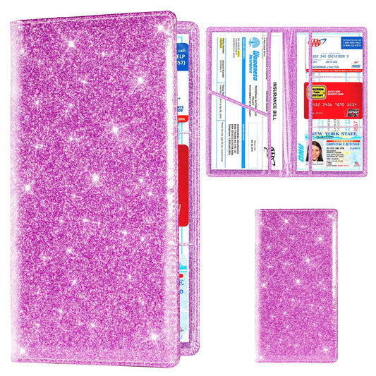 TOURSUIT Car Registration and Insurance Card Holder, Vehicle License Document Glove Box Compartment Organizer, Interior Car Accessories for Women Men Teens (Glitter Purple)