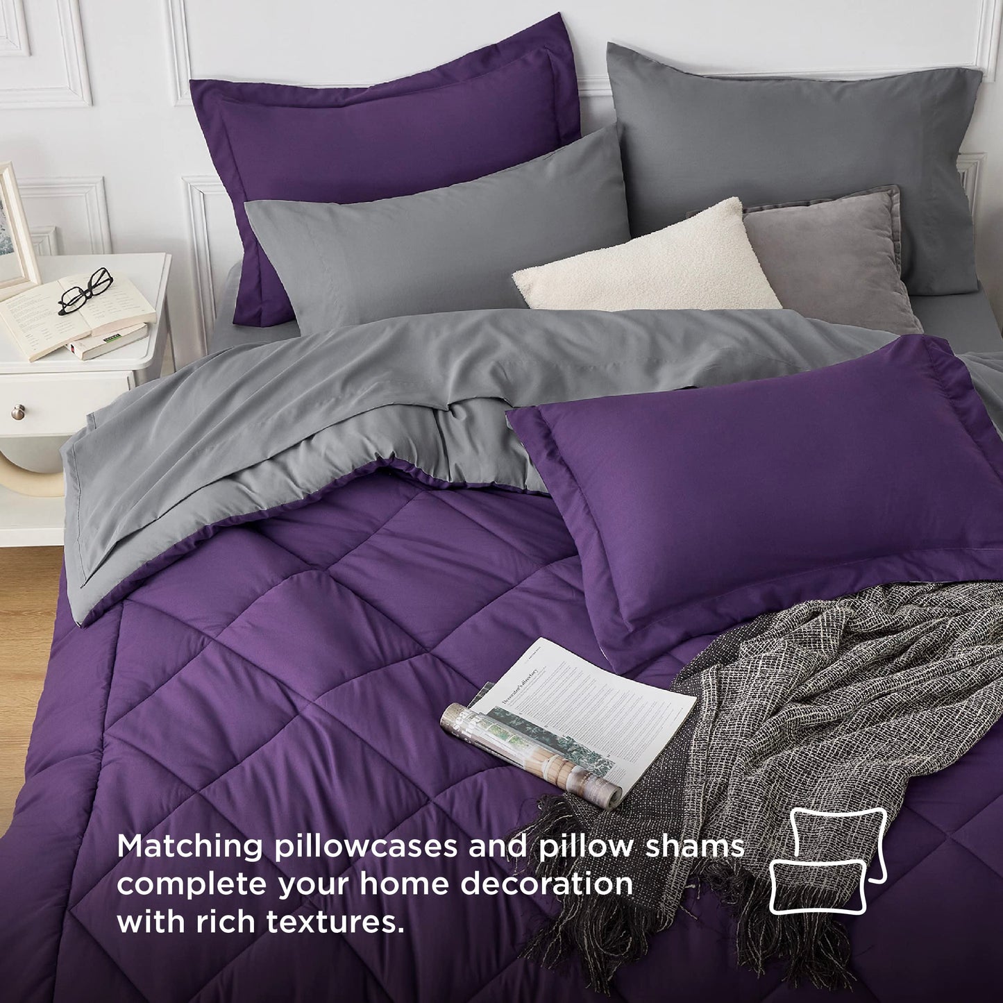 Bedsure Purple Twin Comforter Sets - 5 Pieces Reversible Twin Bedding Sets for College, Purple Extra Long Bed Set Twin with Comforters, Sheets, Pillowcase & Sham