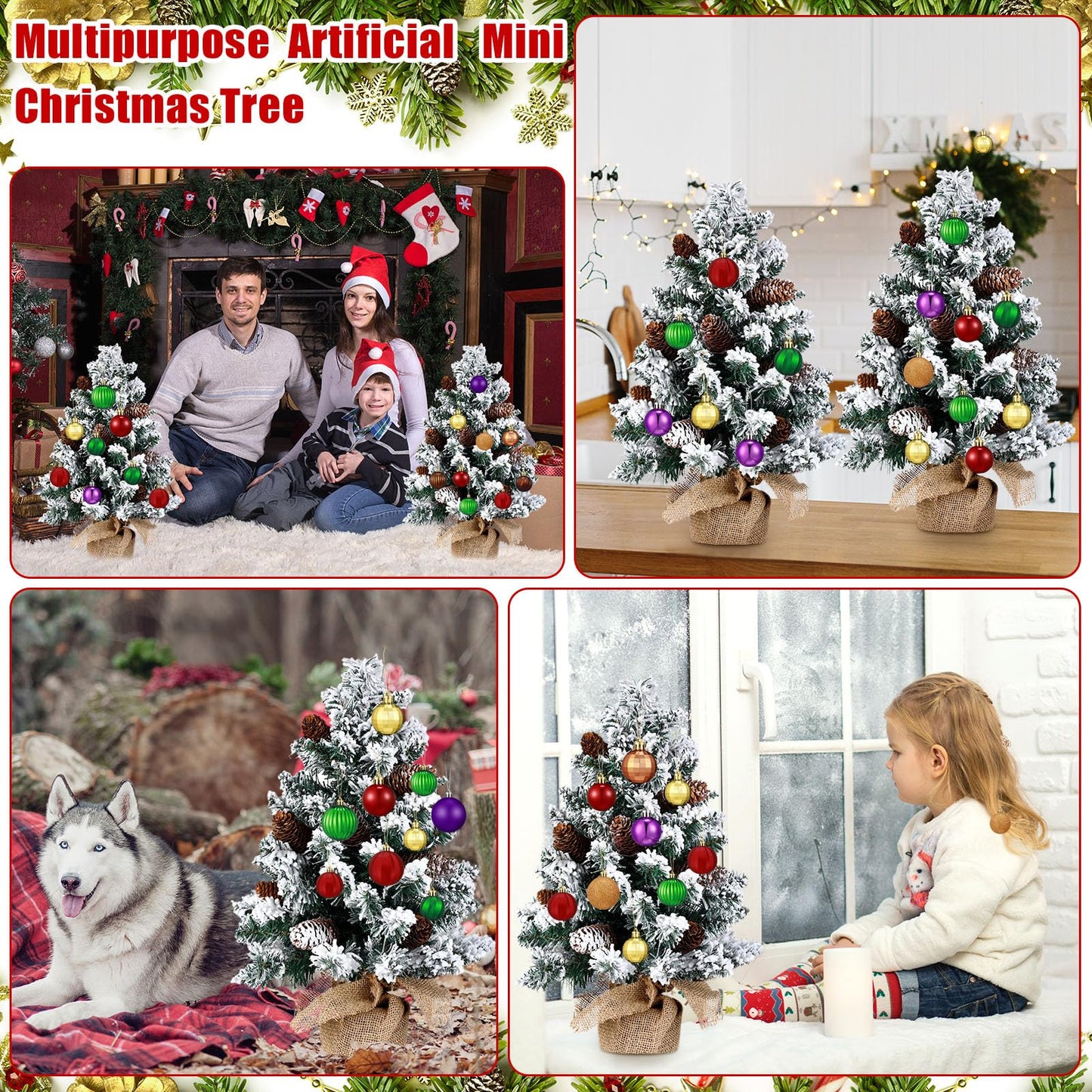 Soaoo 4 Pcs Mini Artificial Snowy Christmas Tree Christmas Table Centerpieces Small Snow Flocked Pine Cone Xmas Tree with Burlap Base for Christmas Holiday Party Tabletop Home Decor, 22 Inch