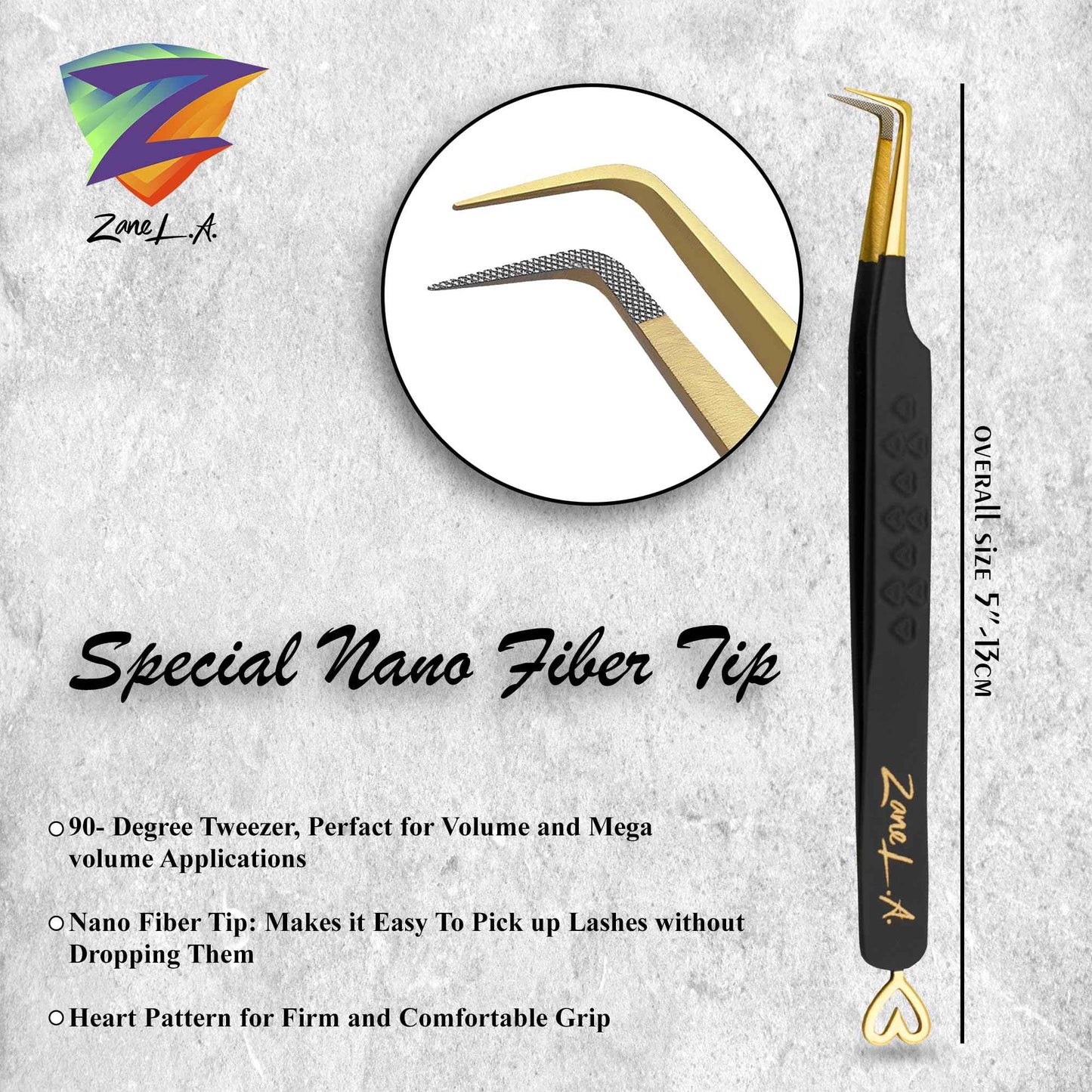 Zane L.A. Nano Fiber Tip Professional Eyelash Extension Tweezers, made with Japanese Stainless Steel, Unique Heart Design (Black)