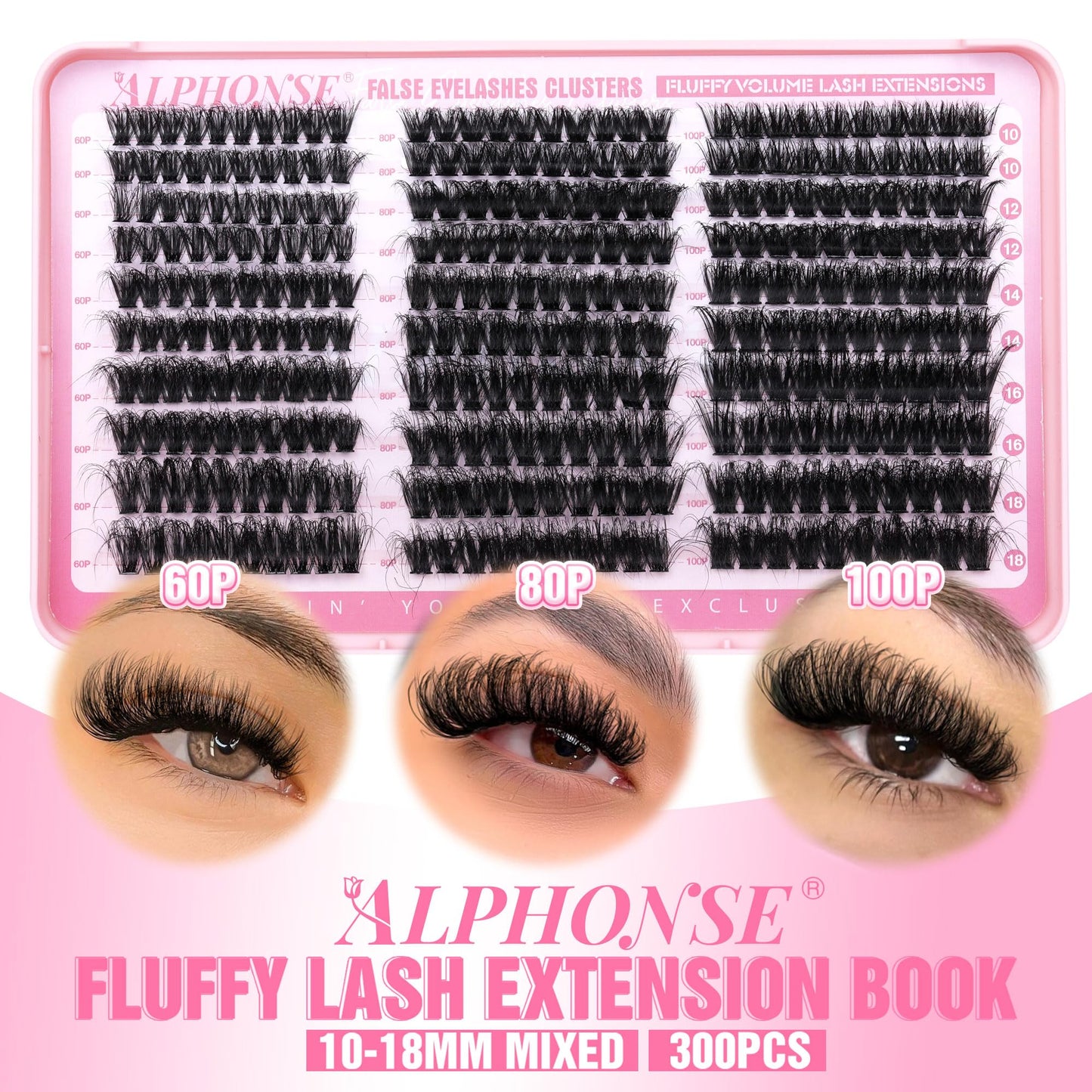 Fluffy Lash Clusters Kit 300pcs DIY Lash Extension Kit 60D+80D+100D Individual Lashes D Curl 10-18mm Cluster Eyelash Extensions Kit with Lash Bond and Seal and Tweezers by ALPHONSE