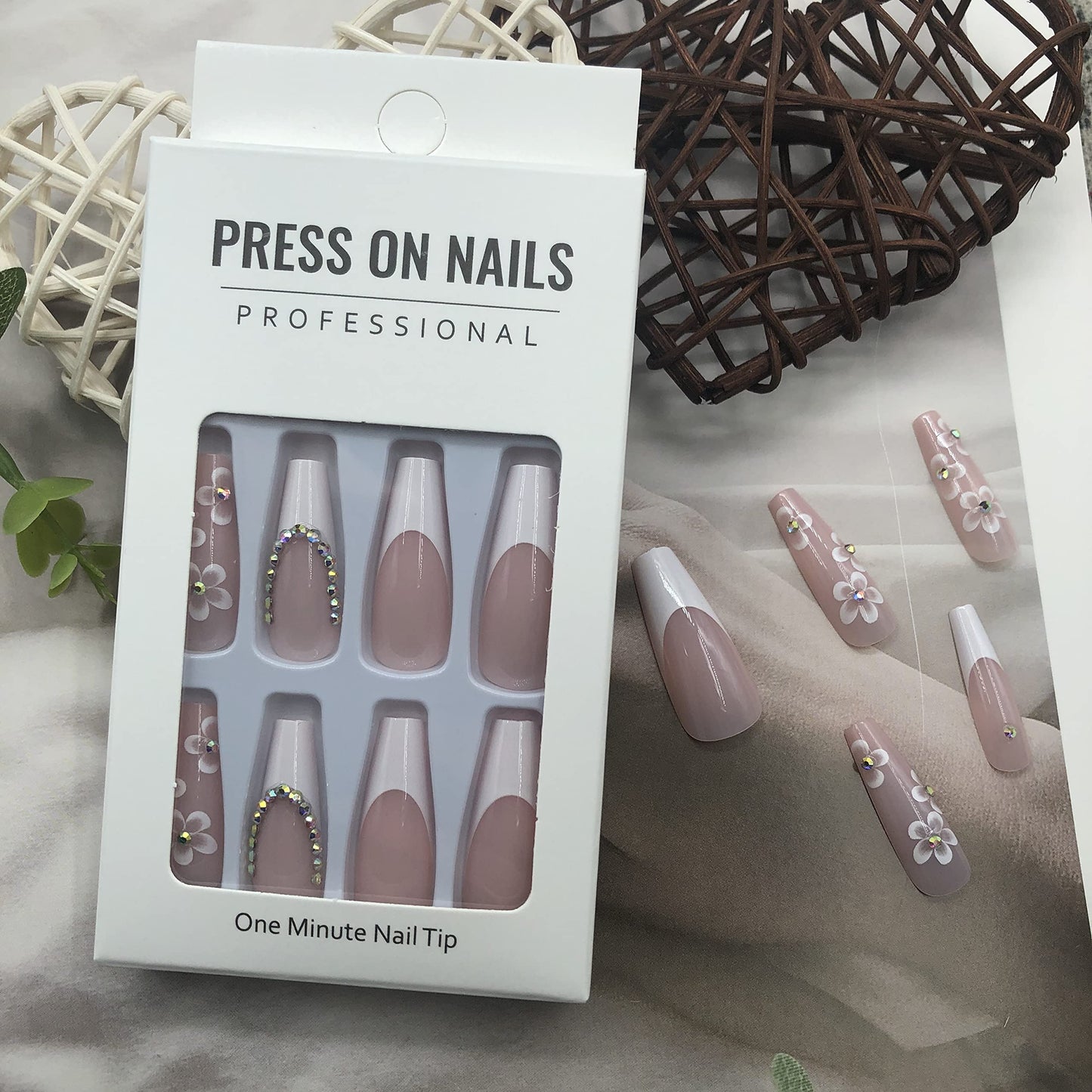 French Tip Press on Nails Long Coffin Fake Nails with Cute Flowers Design White Coffin Full Cover Stick on Nails Glossy False Nails with Glue on Nails for Women Girls Gems Acrylic Nails