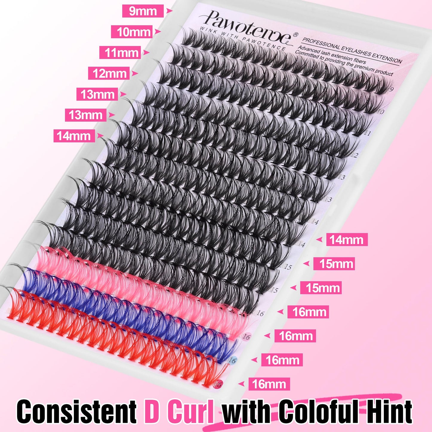 Pawotence Lash Extension Kit DIY Individual Lash Clusters Eyelash Extension Kit 9-16mm Lash Clusters Colored with Lash Bond and Seal Lash Tweezers for Self Application(40D-9-16MIX COLOR KIT)