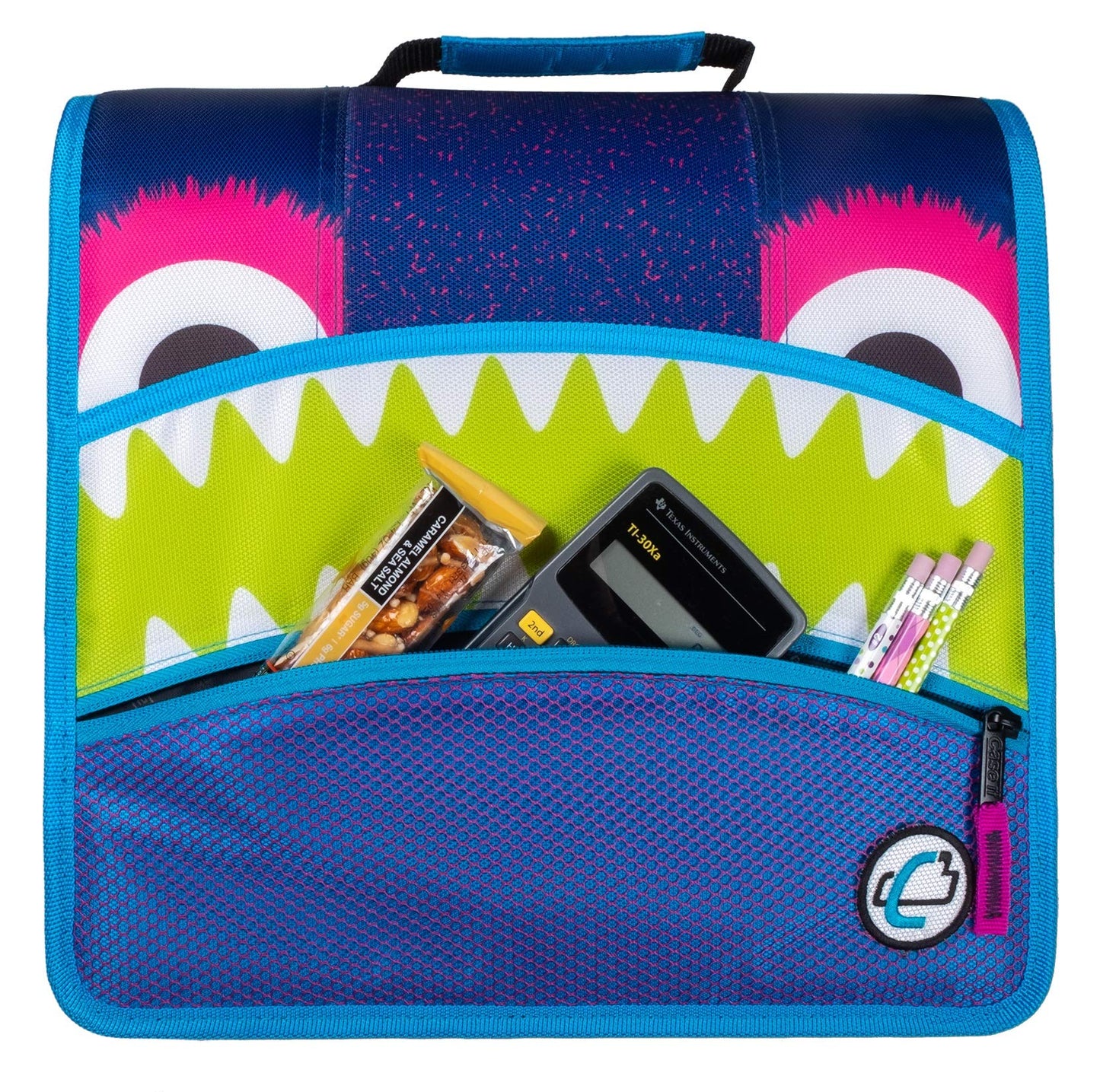 Case-it The Mighty Zip Tab Zipper Binder - 3 Inch O-Rings - 5 Color Tab Expanding File Folder - Multiple Pockets - 600 Sheet Capacity - Comes with Shoulder Strap - Monster Design D-146-ME