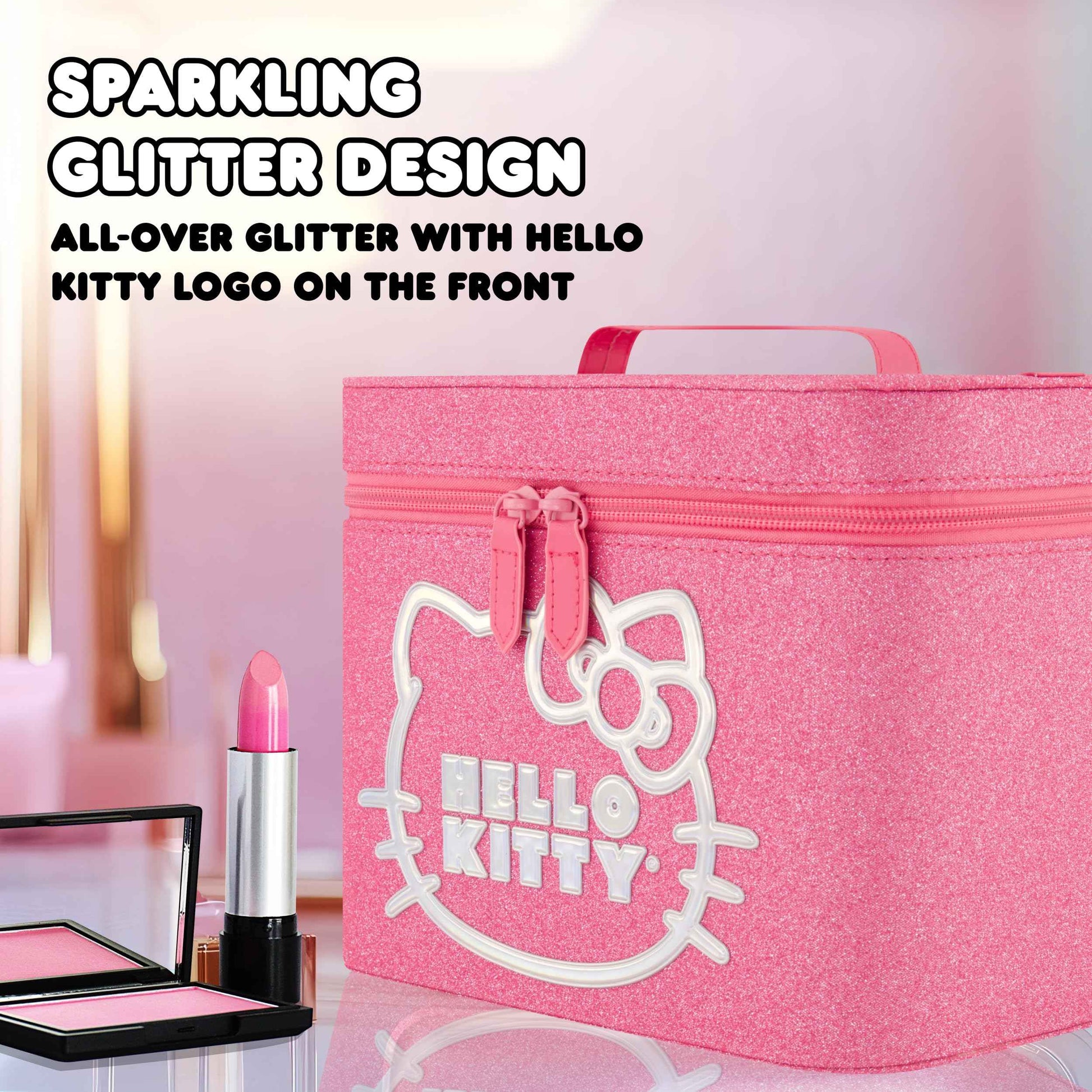 Hello Kitty Large Cosmetic Travel Case Organizer, Portable Makeup Box with Mirror and Dual Zipper, Pink