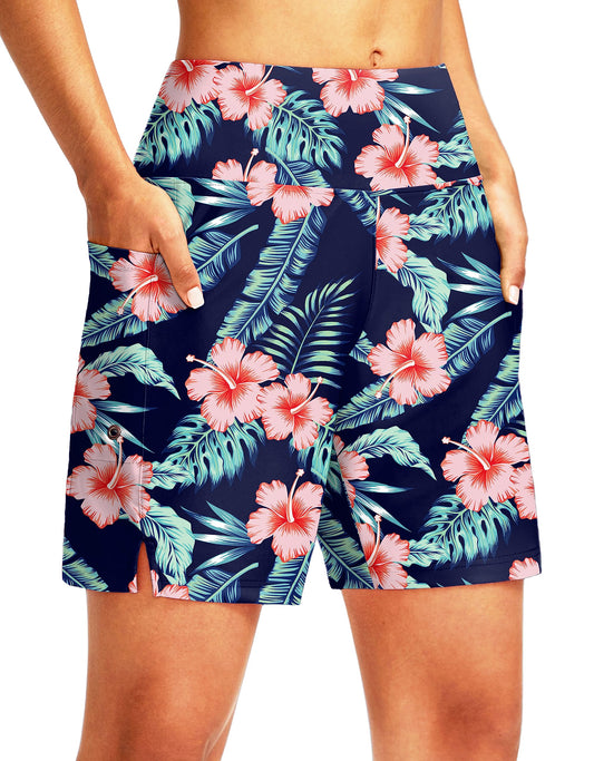 G Gradual Women's 7" Long Swim Board Shorts High Waisted Quick Dry Beach Swimming Shorts for Women with Liner Pockets(Navy Flower,S)