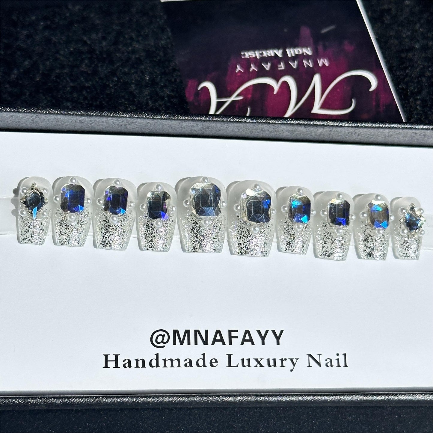 MNAFAYY Luxury Gems 100% Handmade Nails Short Medium Press On Nails Full Cover 3D Rhinestone Crystal Gorgeous Reusable UV Finished Fake False Nails Acrylic Nail Kit Box Gifts for Women S