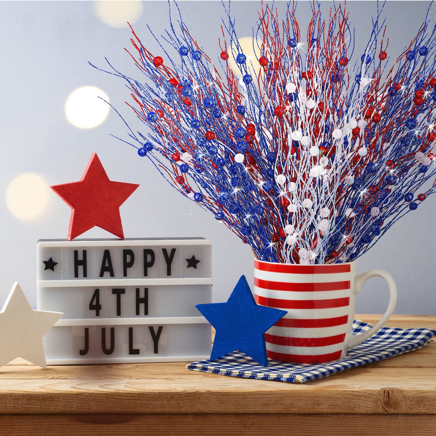 Giegxin 32 Pcs Patriotic Artificial Berry Stems Labour Day 17 Inch Berry Picks Memorial Day 4th of July Glitter Berry Stems Patriotic Picks for Independence Day Decor(Red, Blue, White)