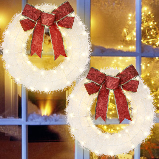 ATDAWN 2 Pcs Mini Christmas Wreath, 13 Inch Outdoor Lighted Christmas Wreath for Front Door, Xmas Wreath for Christmas Home Wall Door Decoration (White)