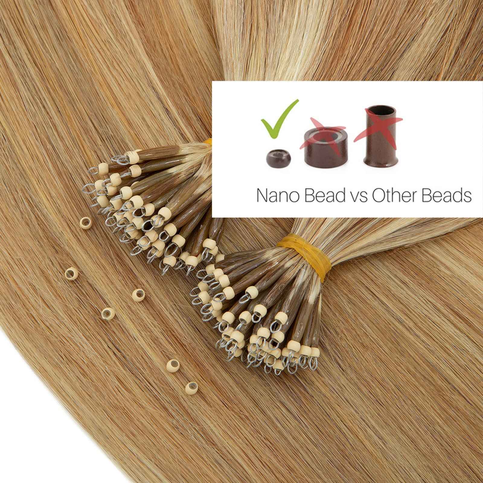 S-noilite Nano Ring Human Hair Extensions Pre Bonded Nano Bead Tip Hairpieces Balayage Highlighted Cold Fusion Micro Link Loop Remy Hair 50g 50 Strands For Women 18" #12/613 Golden Brown/Bleach Blonde