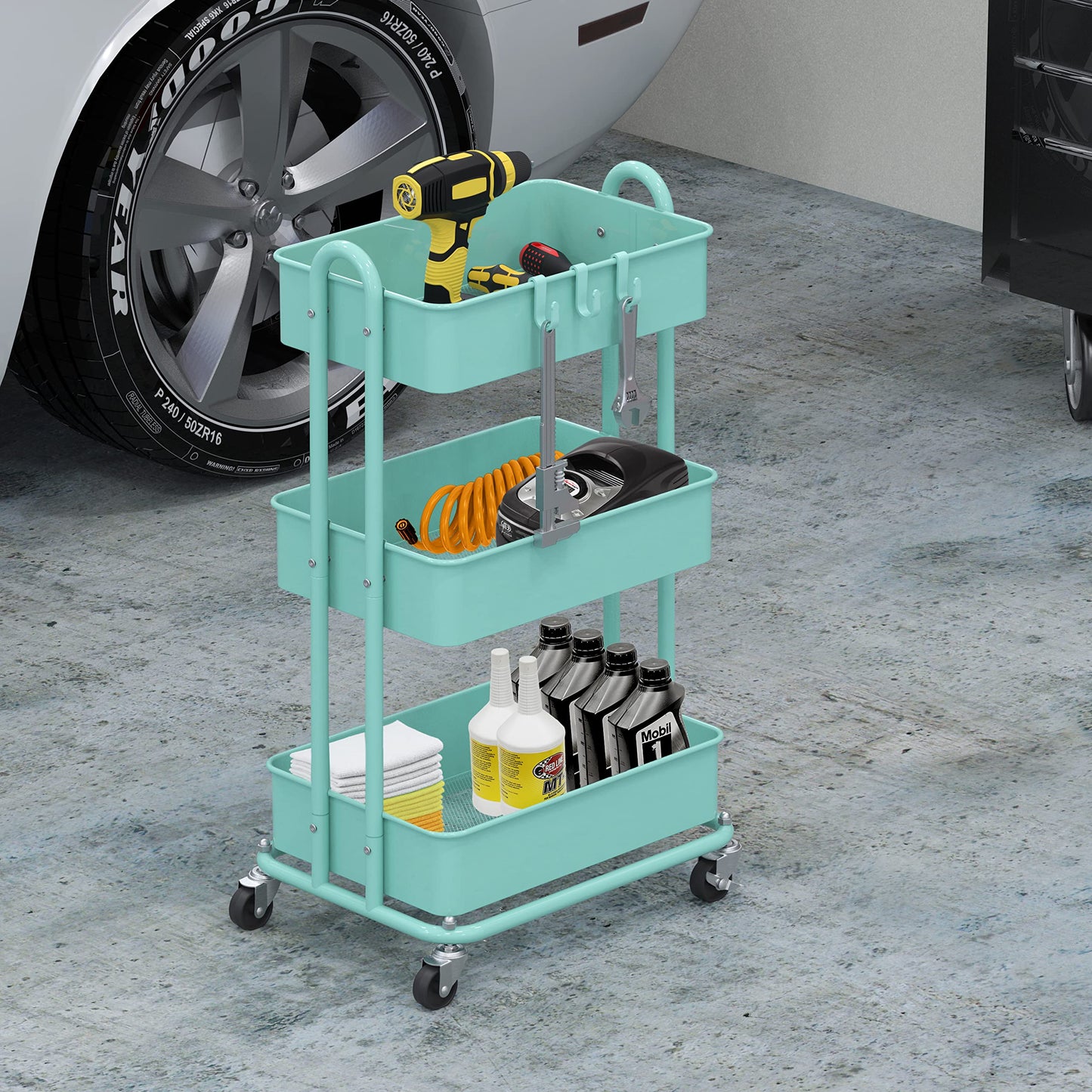 Simple Houseware Heavy Duty 3-Tier Metal Utility Rolling Cart, Turquoise