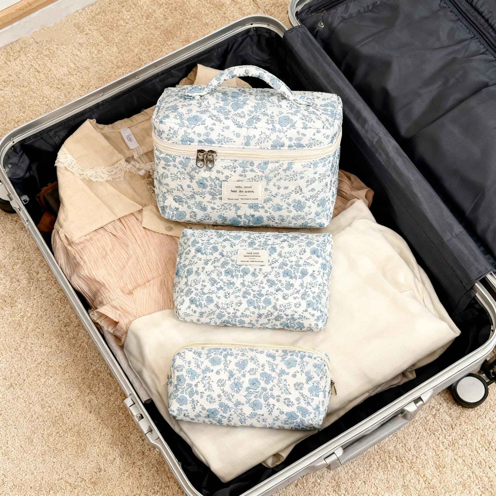 PGAXM 3PCS Makeup Bag,Quilted Cosmetic Bag,Large Floral Makeup Bag for Women,Cute Cotton Cosmetic Bag Set,Travel Toiletry Bag For Women