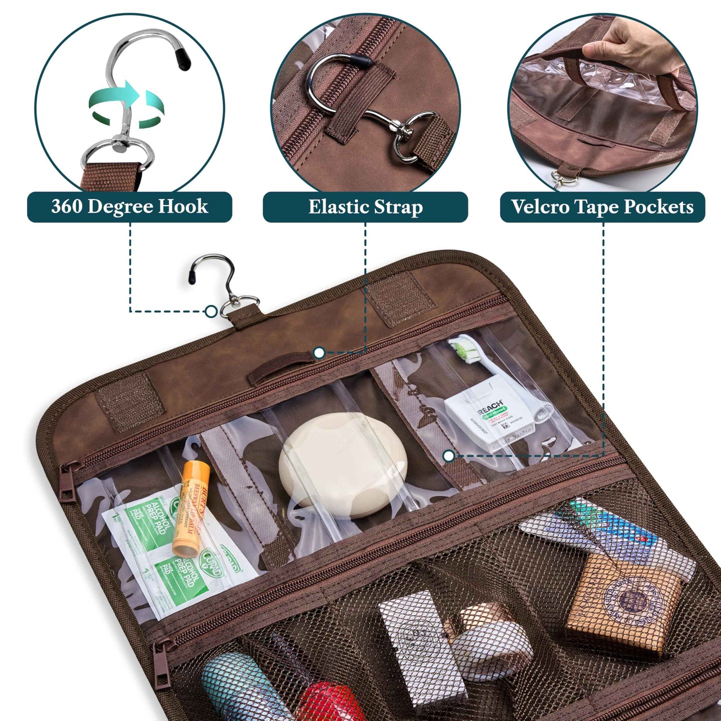 PAVILIA Hanging Toiletry Bag Men Women, Travel Kit Foldable Large Toiletries Organizer, Roll up Cosmetics Makeup Bag Accessories, Waterproof Essentials Dopp Case (Brown)