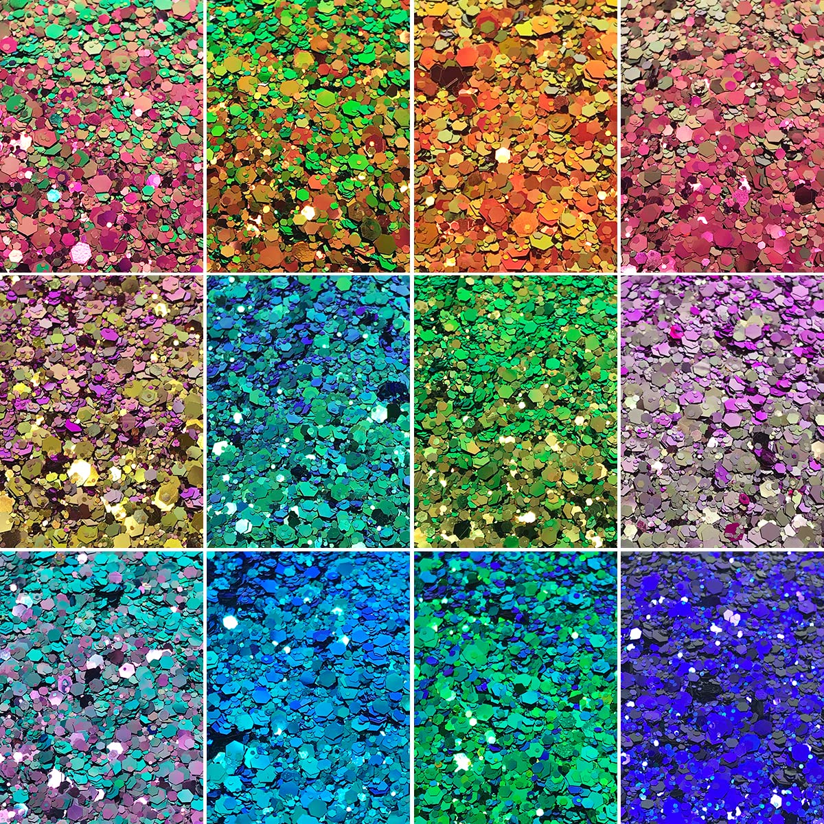 12 Pack - Mermaid Color Shift Chunky Face Glitter, Hair Glitter, Eye Glitter & Body Glitter for Women & Men. Rave Glitter, Festival Accessories & Cosmetic Glitter Makeup. Loose Glitter Pots, Glue