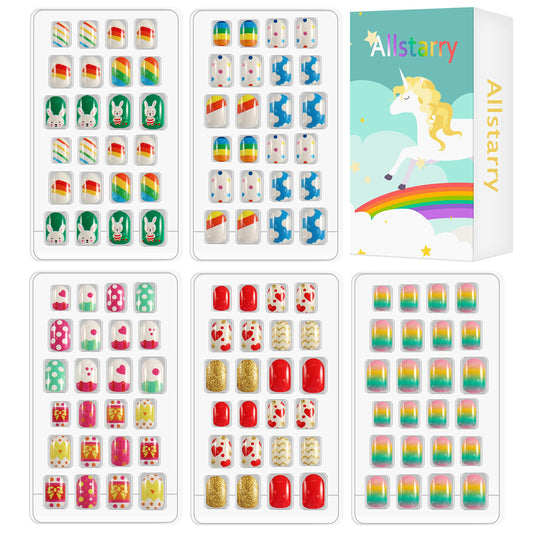 Allstarry 120pcs 5 pack Children Nails Press on Pre-glue Full Cover Glitter Gradient Color Rainbow Short False Nail Kits Lovely Gift for Children Little Girls Nail Art Decoration - Rainbow & Stripes