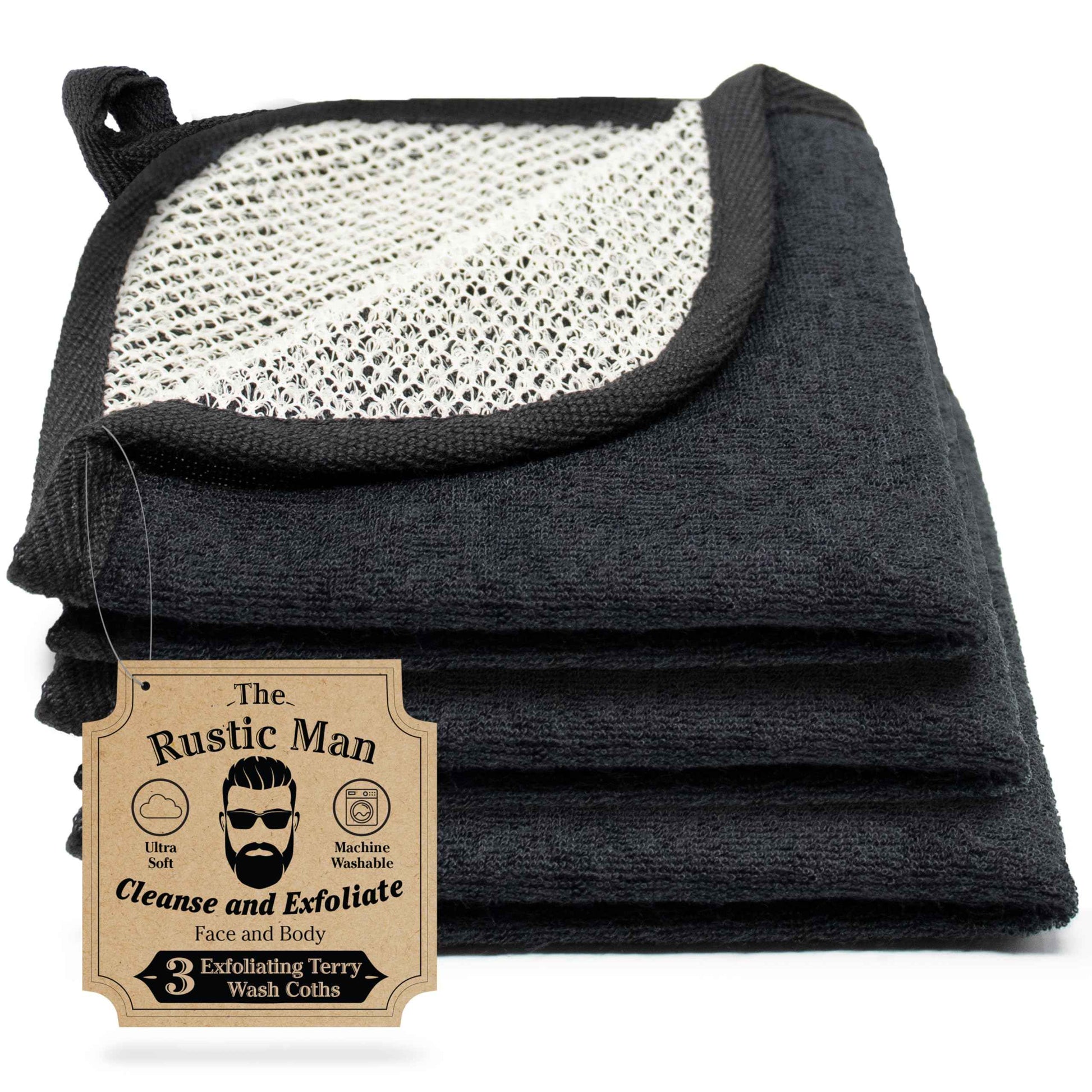 The Rustic Man Terry Wash Cloths for Face and Body, Dual-Sided Cleansing and Exfoliating Washcloths, Machine Wash, Black, 3 Count