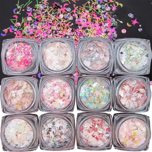 LuckForever 12 Boxes Animal Star Iridescent Chunky Glitter Flakes Gel Acrylic Nail Art Design Cosmetic Body Painting Resin Glitters Sequins Confetti Festival Decor